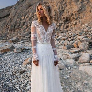 Exquisite Lace Crochet A-Line Maxi Wedding Dress - White